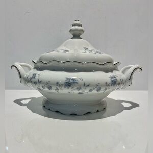 Johann Haviland Bavaria Germany Blue Garland Footed Bowl & Lid Platinum Trim